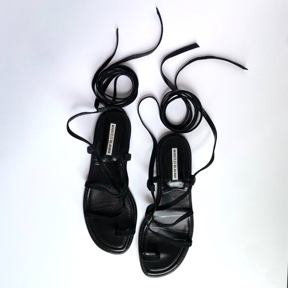 MANOLO BLAHNIK PRIMATHI LACE-UP STRAPPY FLAT SANDALS BLACK SUEDE SIZE 38 - Picture 6 of 10
